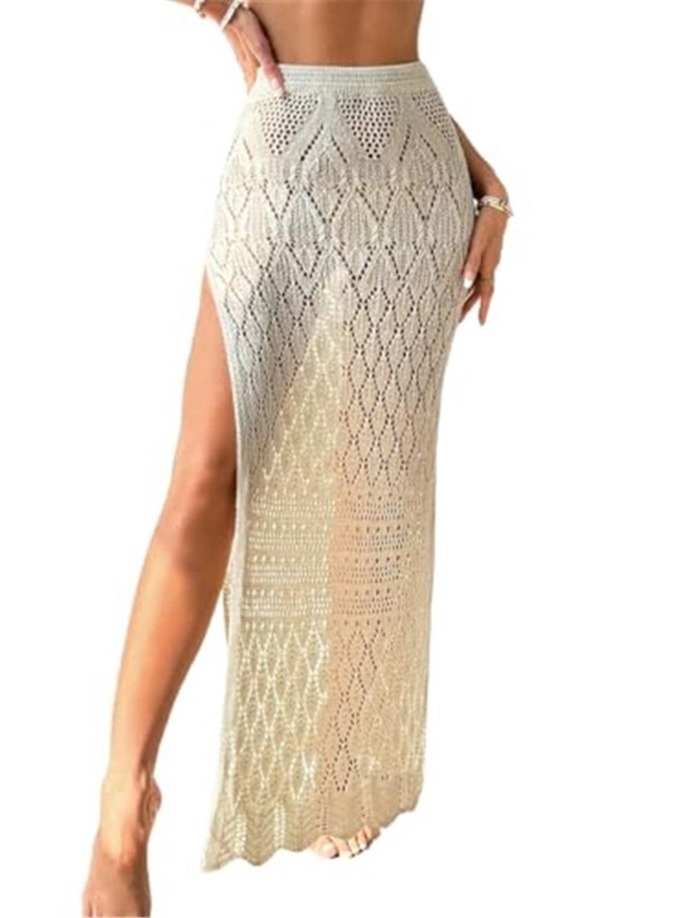 SHENHE Beige Crochet Knit High Slit Sheer Maxi Beach Cover Up Skirt